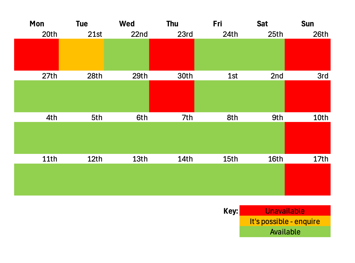 Next 4 Weeks Session Availability